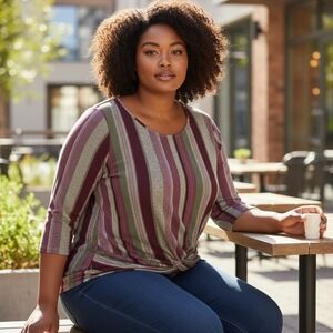 Absolutely Famous Women's 2X Striped Twist Front Long Sleeve Top Whimsical Fairy